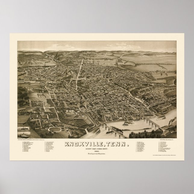 Knoxville, TN Panoramic Karta - 1886 Poster (Framsidan)