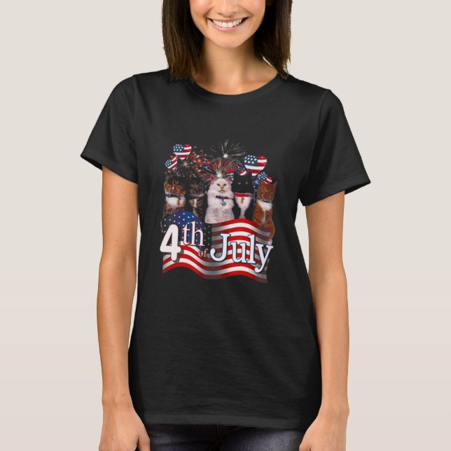 Knubbig Kat American Flagga 4 juli T Shirt (Framsida)