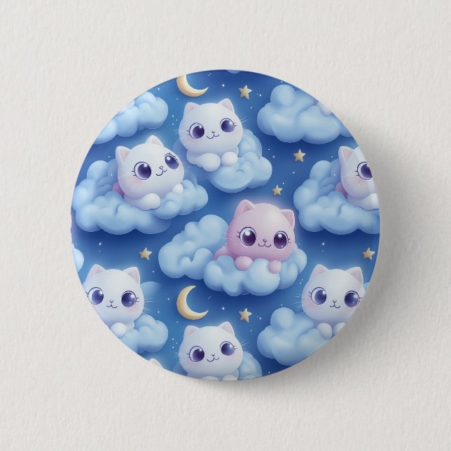 "Knubbig Kawaii Cats and Clouds 3D Seamless Mönste Knapp (Framsida)