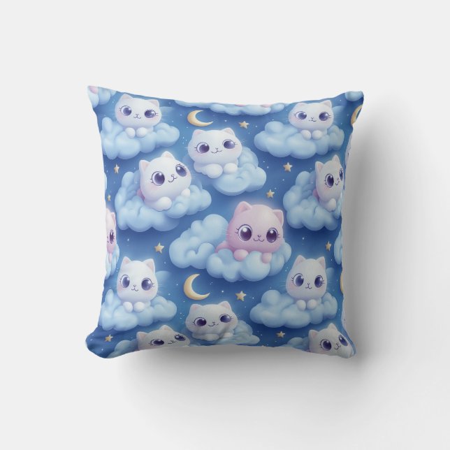 "Knubbig Kawaii Cats and Clouds 3D Seamless Mönste Kudde (Framsida)