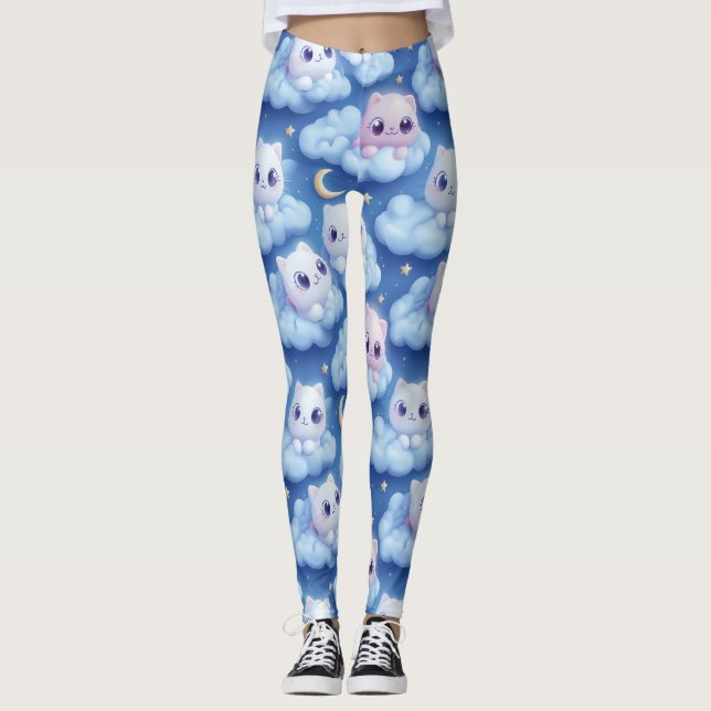 "Knubbig Kawaii Cats and Clouds 3D Seamless Mönste Leggings (Framsida)
