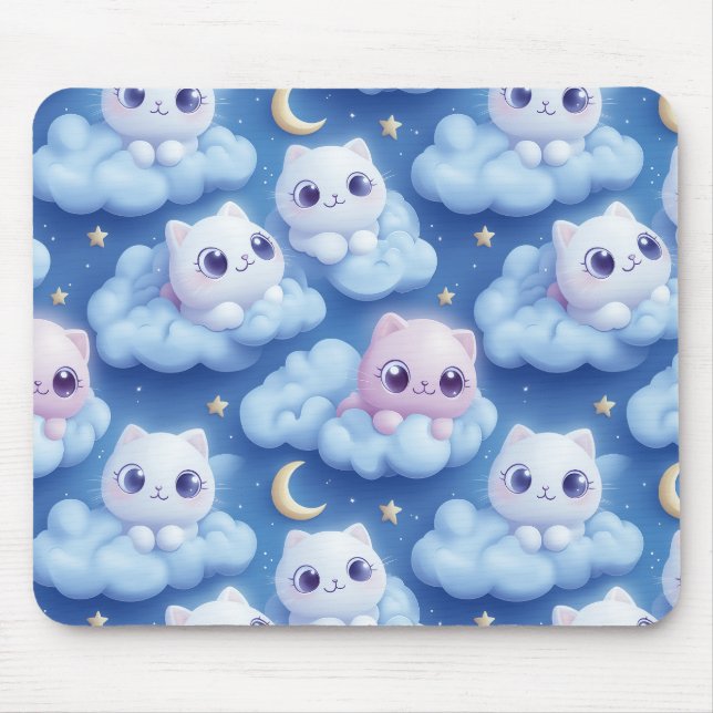 "Knubbig Kawaii Cats and Clouds 3D Seamless Mönste Musmatta (Framsidan)