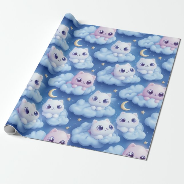 "Knubbig Kawaii Cats and Clouds 3D Seamless Mönste Presentpapper (Utrullad)