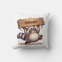 Knubbig Raccoon med trä Namn Plattor Kudde