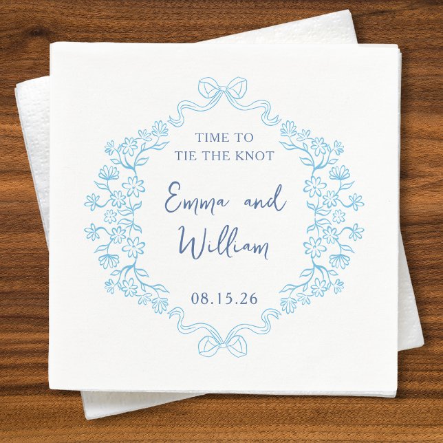 "Knuffa ihop" Bow & Blommigt Design Personligt brö Pappersservett (Charming 'Time to Tie the Knot' wedding napkins with floral and bow design, customizable and elegant)