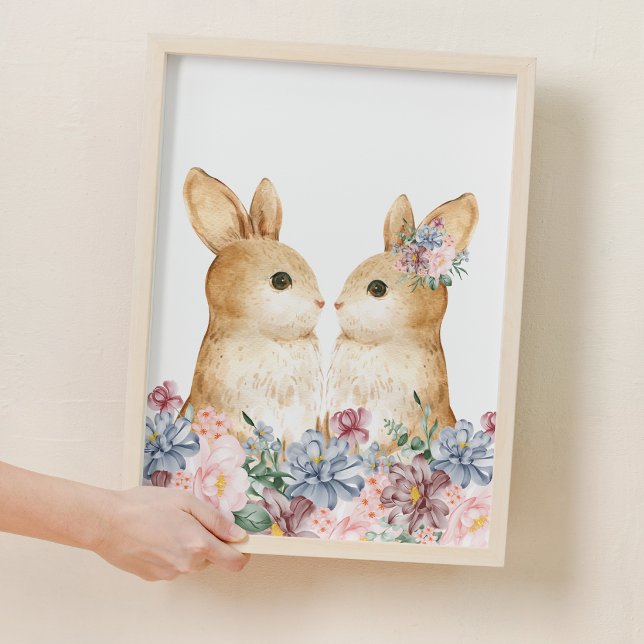 Knuten skogsskädda poster (Couple Bunny Flower Woodland Nursery Decor)