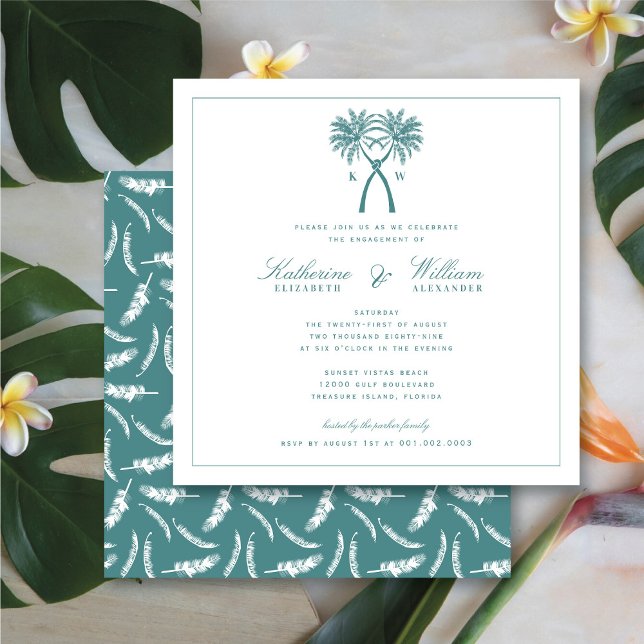 Knutna palmer Monogram strand förlovningsfest Inbjudningar (Knotted Palm Trees Monogram Beach Engagement Party Invitation @ fatfatin_blue_knot)