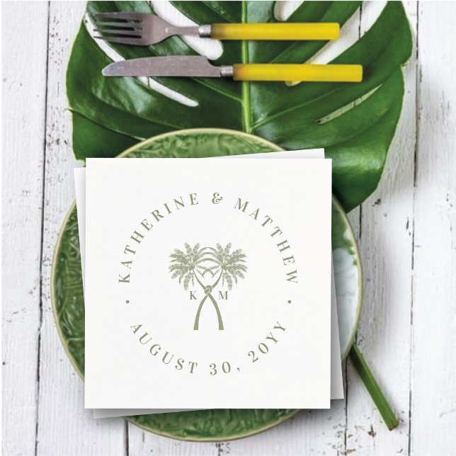 Knutna palmer Trädestination Bröllop Pappersservett (Knotted Palm Trees Monograms, Tropical Destination Wedding Paper Napkins @ fatfatin_blue_knot)