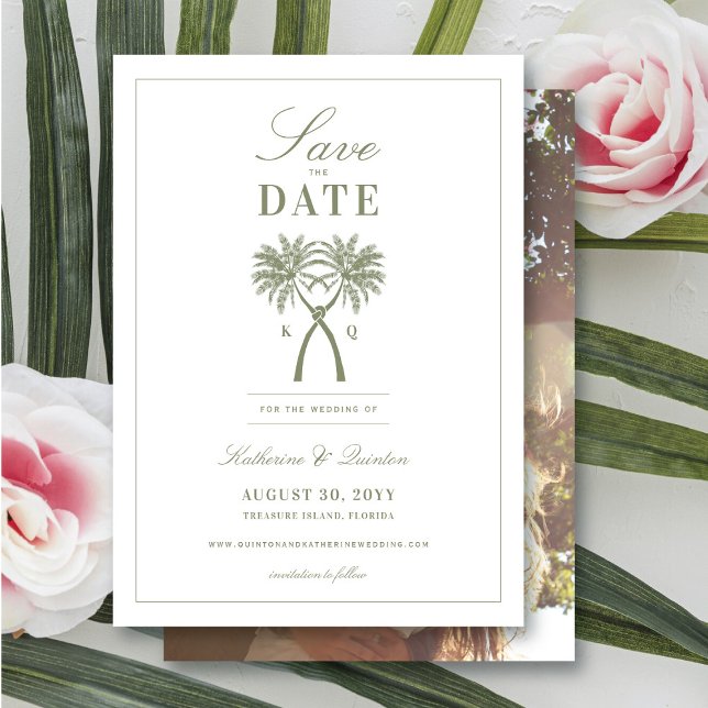 Knutna palmer Tropisk bröllopsinbjudan Spara datum Inbjudningar (Knotted Palm Trees Tropical Wedding Save The Date Photo Announcement Card @ fatfatin_blue_knot)