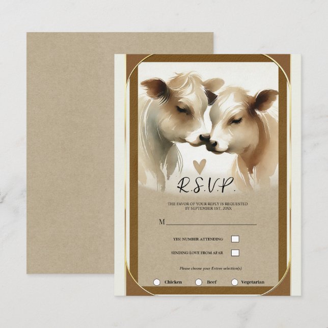 Ko Älskar Brun Kräm Land Bröllop RSVP Inbjudningar (Fram/baksida)