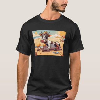 Ko avkopplar på stranden med solglasögon och hatt t shirt