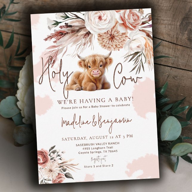 Ko Country Western Blommig Cowboy Bebis Shower Inbjudningar (cow baby shower theme invitation cute highland calf pink hide watercolor floral rustic cowboy barn)