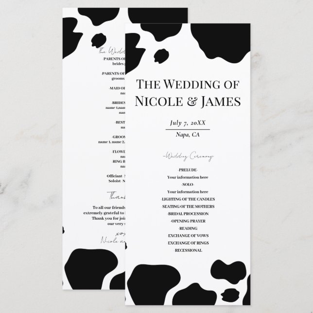 Ko Fläckar Tryck Svart Vitt Bröllopsprogram Meny (Fram/baksida)