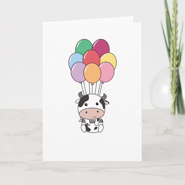 Ko flyger upp med färgglada ballonger kort (Framsida)