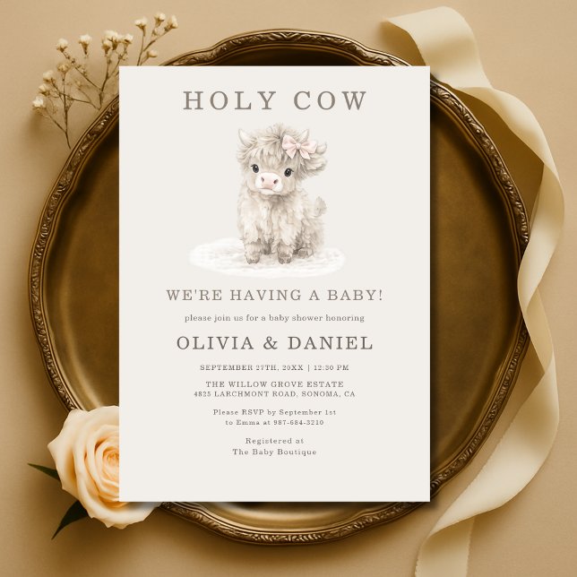 Ko Highland Cow Helig Ko Rosa Rosett Flick Babyfir Inbjudningar (Skapare uppladdad)
