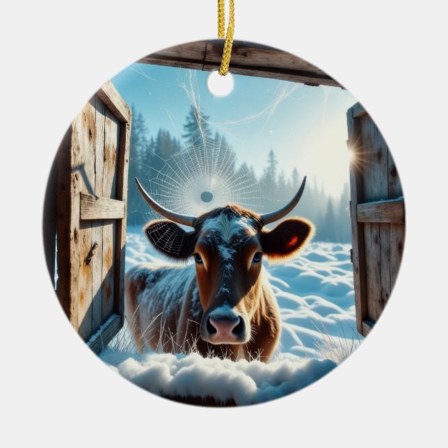 Ko i snön julgransprydnad keramik (Framsidan)