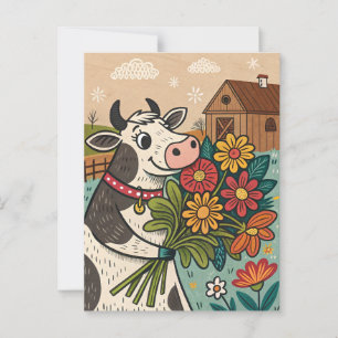 Ko med blommor söt folklig konststil vykort