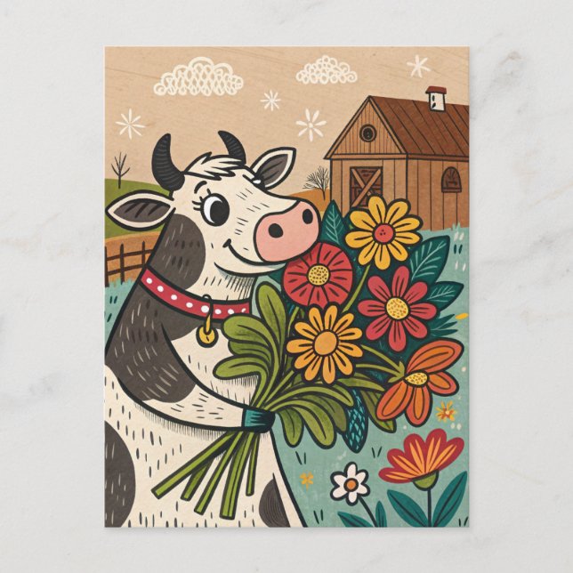 Ko med blommor söt folklig konststil vykort (Framsida)