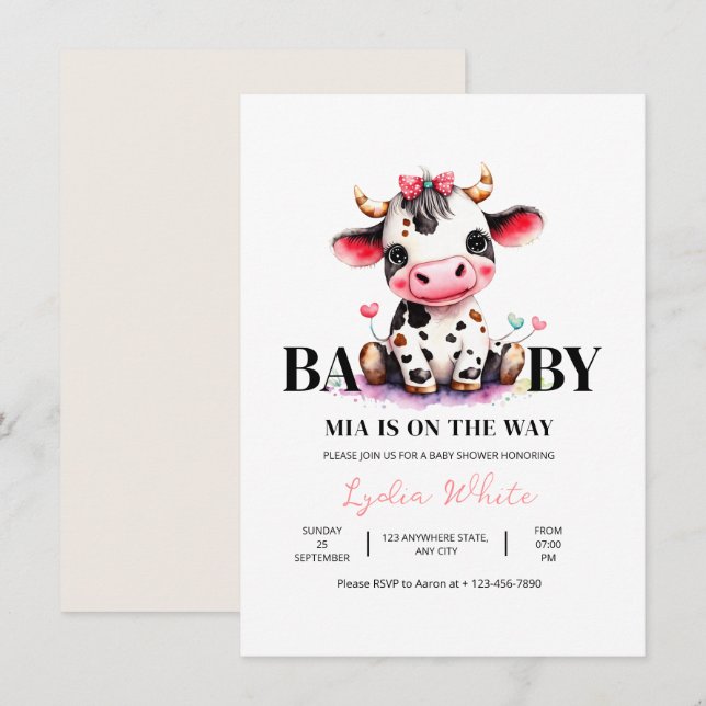 Ko Minimalist Rosa Flickig Bebis Baby Shower Inbjudningar (Fram/baksida)
