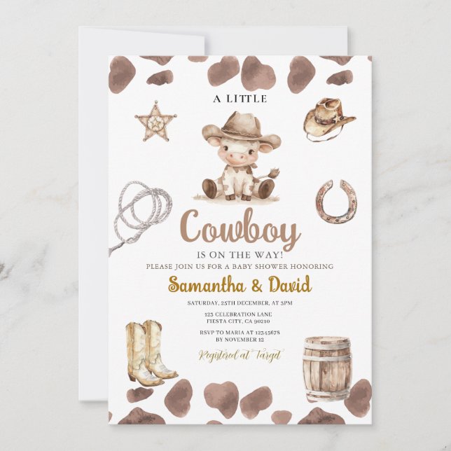 Ko-mönster Cowboy är på väg Baby Shower  Inbjudningar (Framsida)