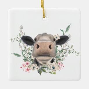 ko nötkött kyss blommor akvarell grå gård djur julgransprydnad keramik