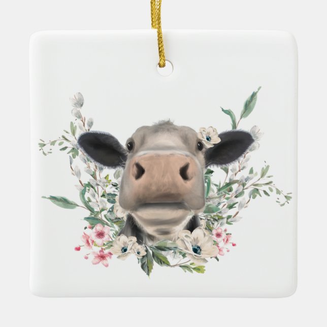 ko nötkött kyss blommor akvarell grå gård djur julgransprydnad keramik (Framsida)