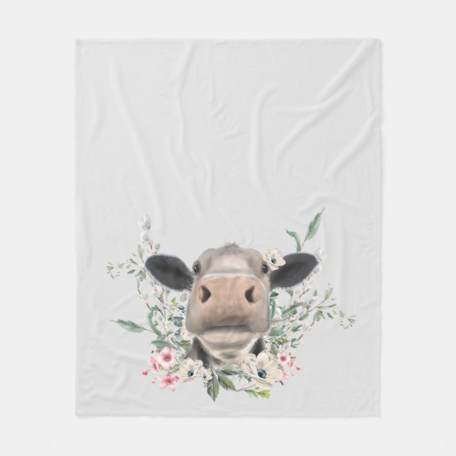 ko nötkreatur näsa kyss blommor akvarell grå lantb fleecefilt (Framsidan)