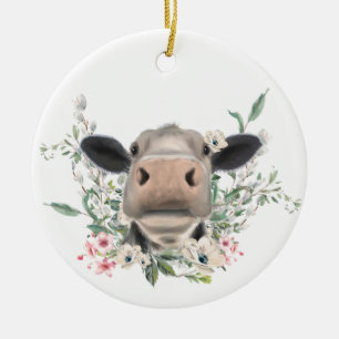 ko nötkreatur näsa kyss blommor akvarell grå lantb julgransprydnad keramik