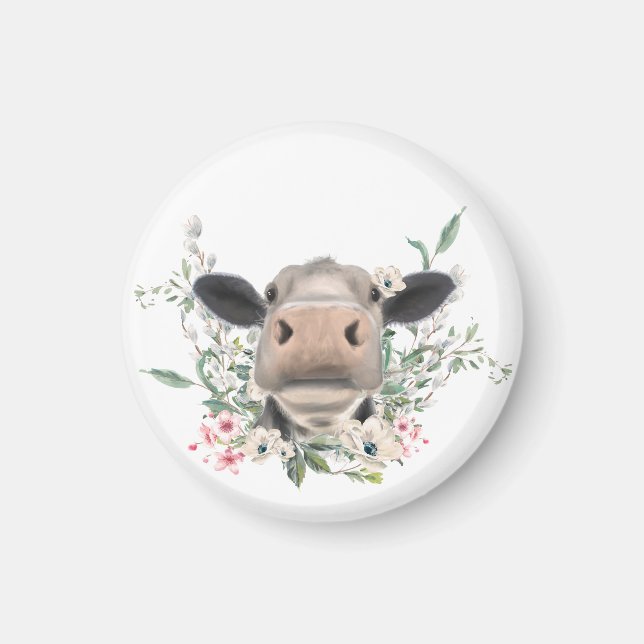 ko nötkreatur näsa kyss blommor akvarell grå lantb magnet (Framsidan)