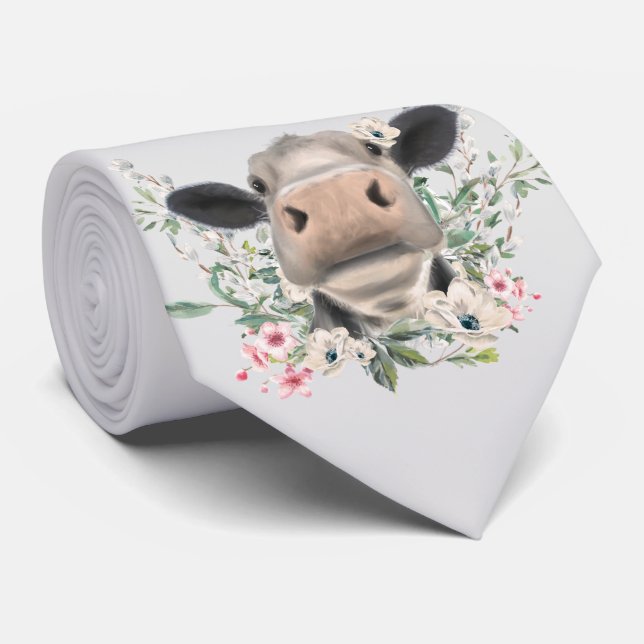 ko nötkreatur näsa kyss blommor akvarell grå lantb slips (Rullad)