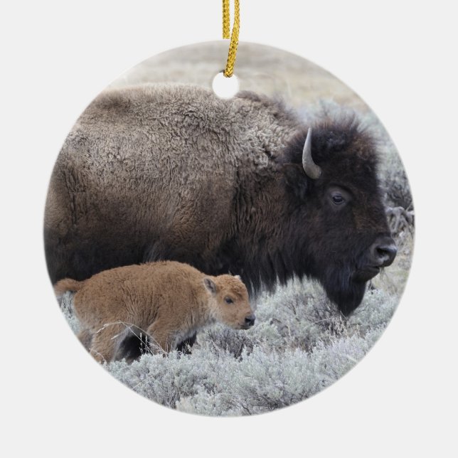 Ko och kalv Bison, Yellowstone Julgransprydnad Keramik (Framsidan)