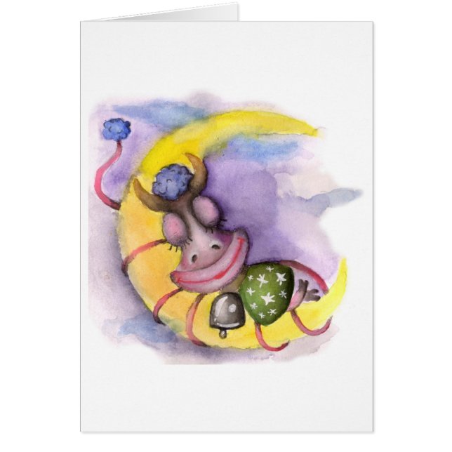 Ko och måne hälsningskort (Framsidan)