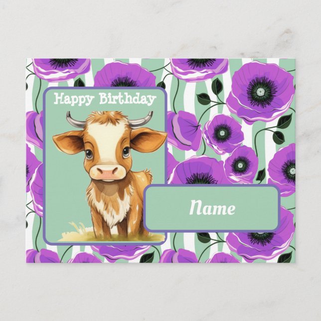Ko och vallmo Glad födelsedag Vykort (Framsida)