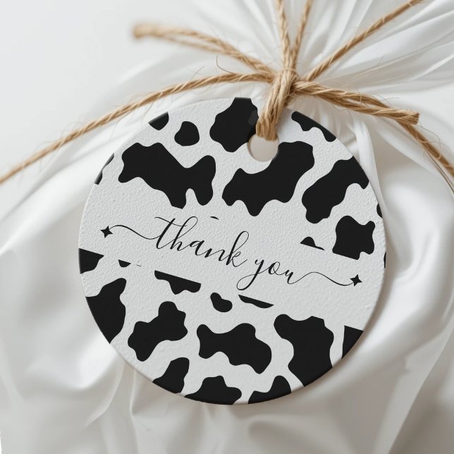 Ko Print Cowgirl Country Fest Tacksamhetspresent Gåvor Etiketter (Cow Print Cowgirl Country Party Thank You Gift Favor Tags
)