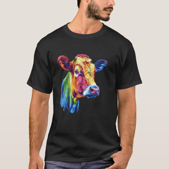 Ko regnbow färgglad ko huvud Pop Art gårdsdjur  T Shirt (Framsida)
