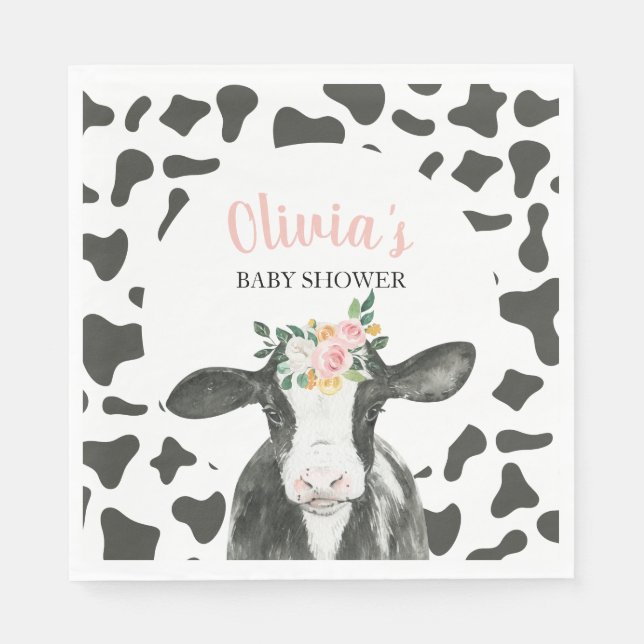 Ko Rosa Blommig och Gingham Bebis Bjudning Pappersservett (Framsidan)