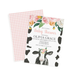 Ko Rosa Blommig och Gingham Bebisbad Inbjudningar