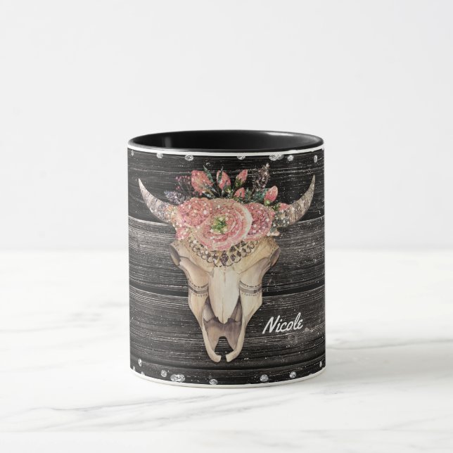 Ko skull rustic glitter glam personlig boho mugg (Center)
