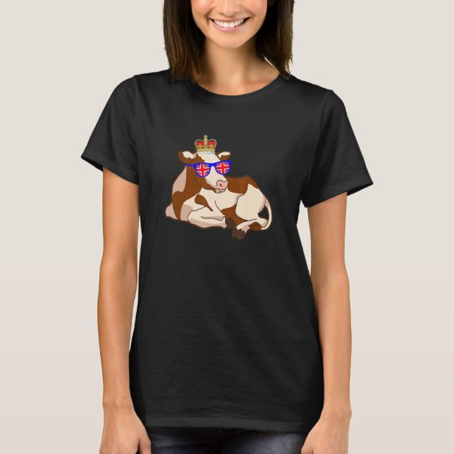 Ko som bär solglasögon och krona England Storbrita T Shirt (Framsida)