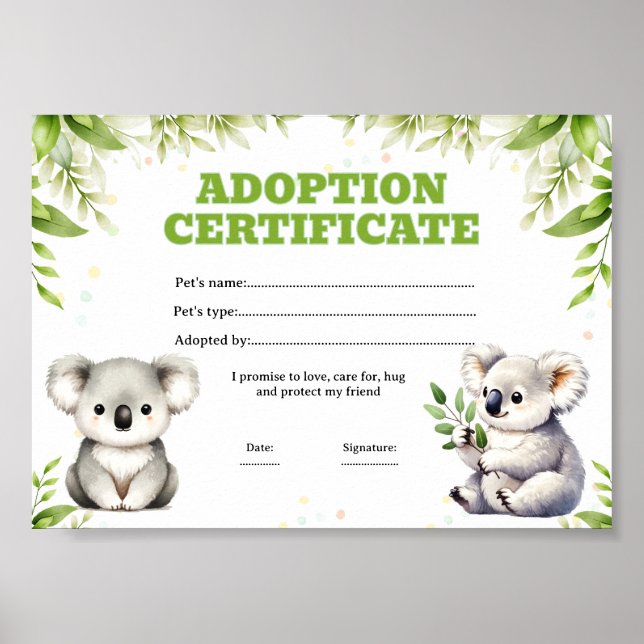 Koala adoptera ett husdjur färgläggningscertifikat poster (Framsidan)