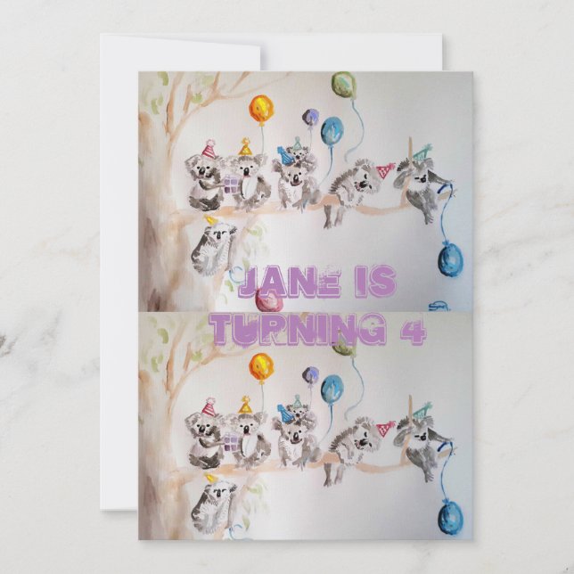 Koala Art Watercolor Girls födelsedagsinbjudan Inbjudningar (Framsida)