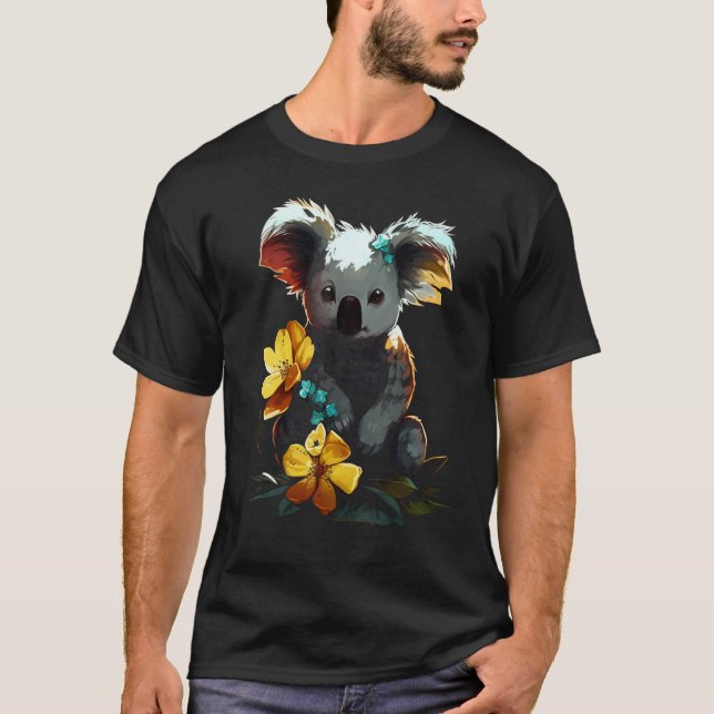 Koala Artwork  Flowers Animal Motif Koala T Shirt (Framsida)