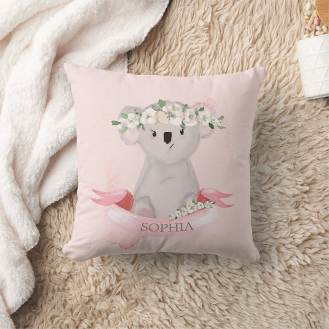 Koala Baby djur Cute Rosa Blommigt Nursery Kudde (Filt)