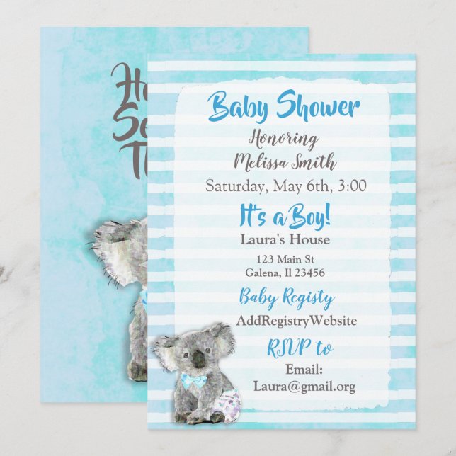 Koala Bear a Boy Baby Shower-inbjudningar Inbjudningar (Fram/baksida)