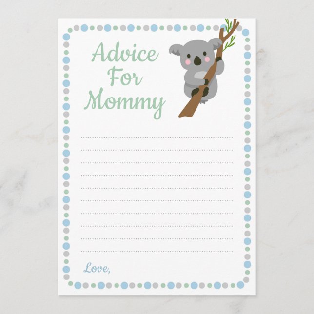 Koala Bear Advice för Mamma Shower Game Blue Boy Rådkort (Framsida)