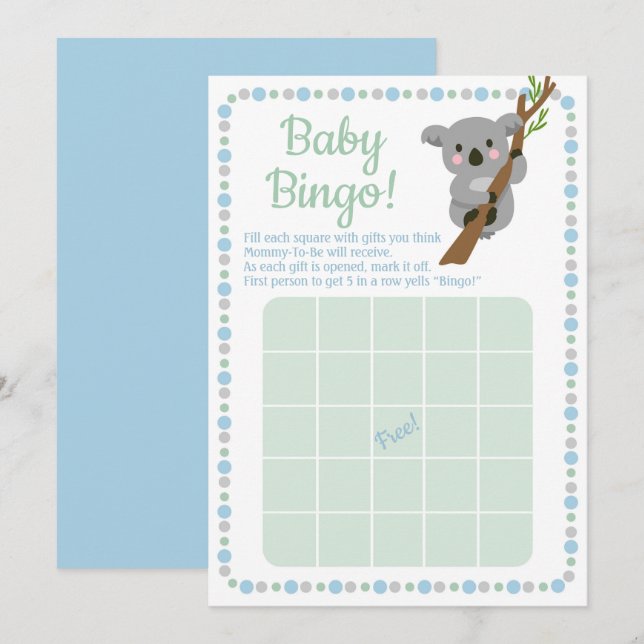 Koala Bear Baby Shower Bingo Game Blue Boy Inbjudningar (Fram/baksida)