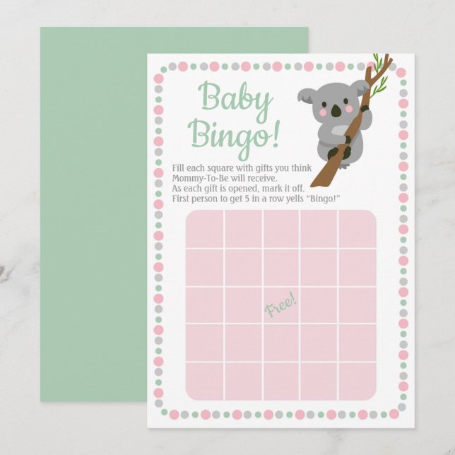 Koala Bear Baby Shower Bingo Game Rosa Girl Girl Inbjudningar (Fram/baksida)