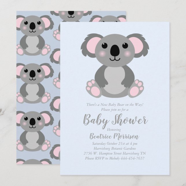 Koala Bear Baby Shower Blue Boy Inbjudningar (Fram/baksida)
