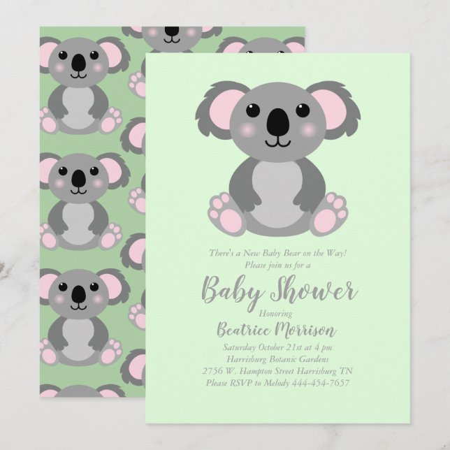 Koala Bear Baby Shower Grönt Gender Neutral Inbjudningar (Fram/baksida)