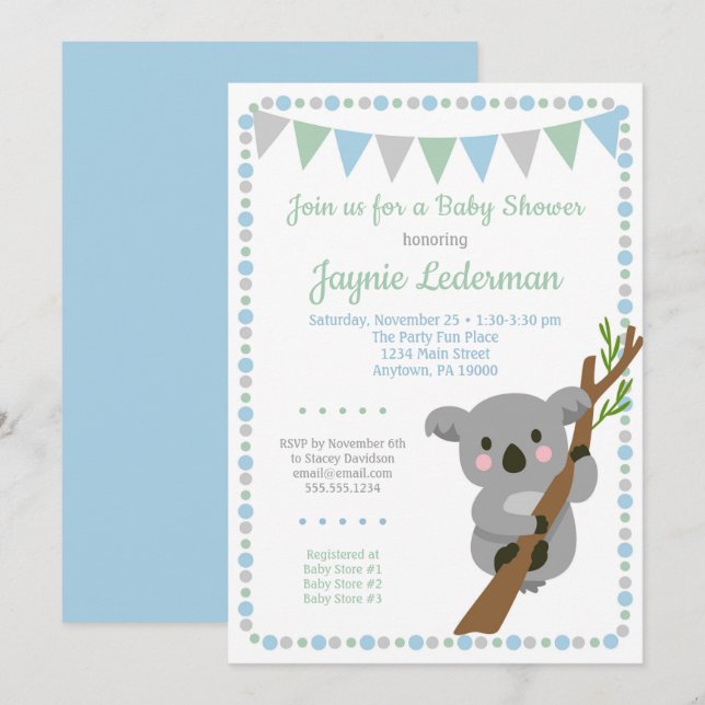 Koala Bear Baby Shower-inbjudan Blue Mint Boys Inbjudningar (Fram/baksida)